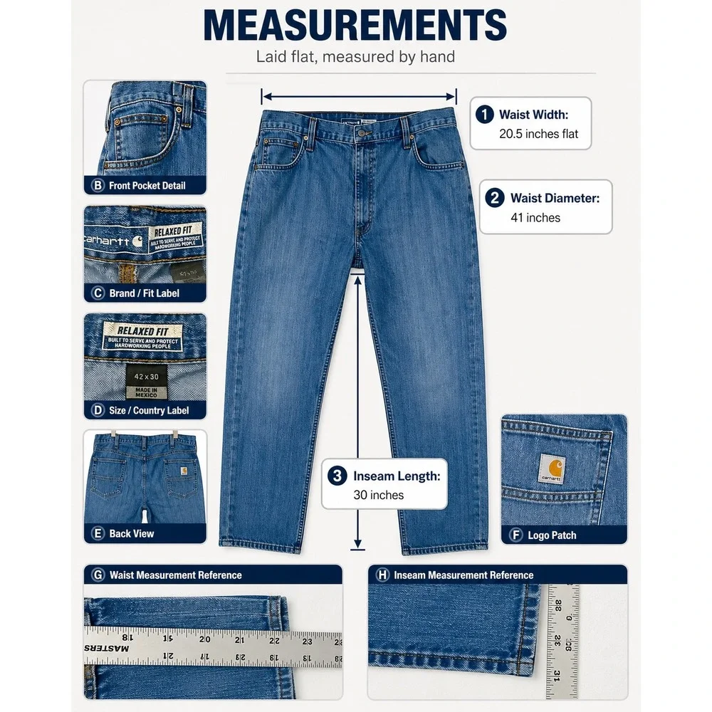 Carhartt Men's Size 42 x 30 Relaxed Fit Straight Leg Blue Denim Workwear Jeans
